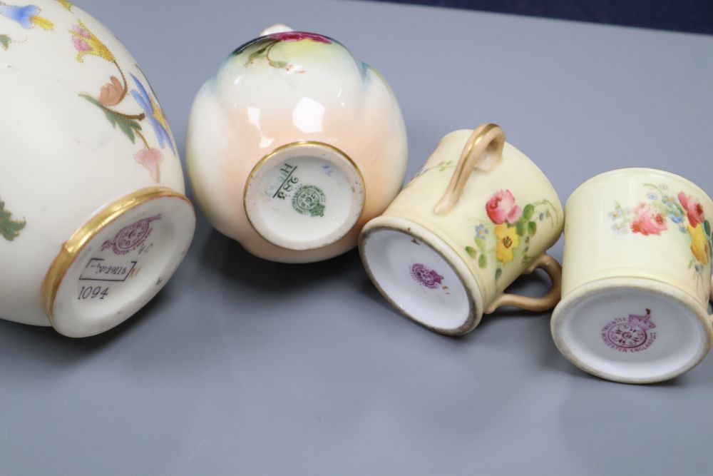 Four small items of Royal Worcester, including a flower-painted vase, No 283, a blush ivory jug, No 1094, a miniature tyg and a mug, ta